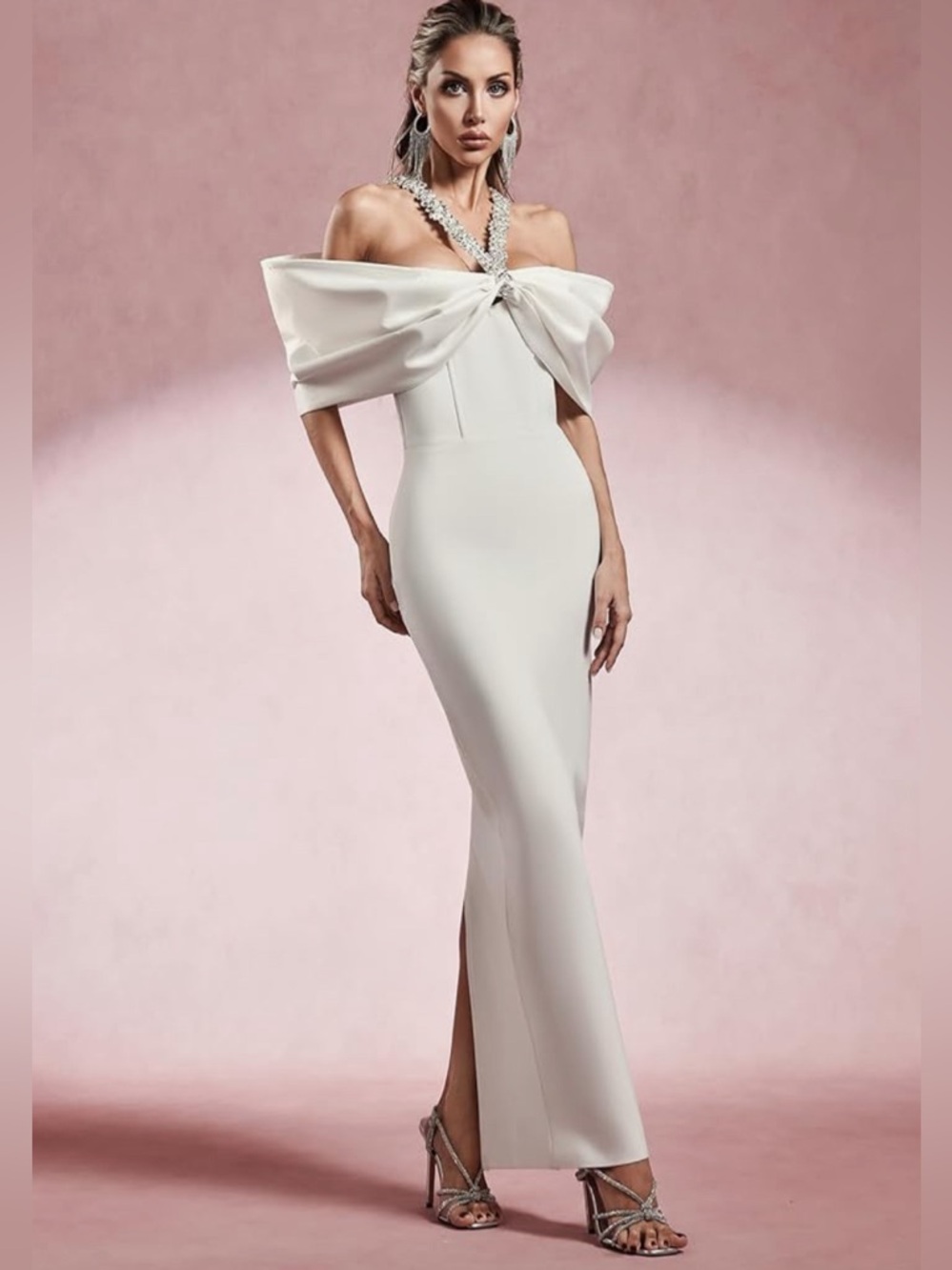 Elegant Off-Shoulder White Satin Midi Dress with Jewel Straps